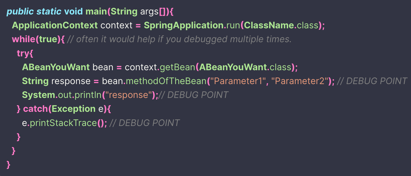 Using ApplicationContext directly can indeed be a handy approach for debugging without setting up the entire application infrastructure.
